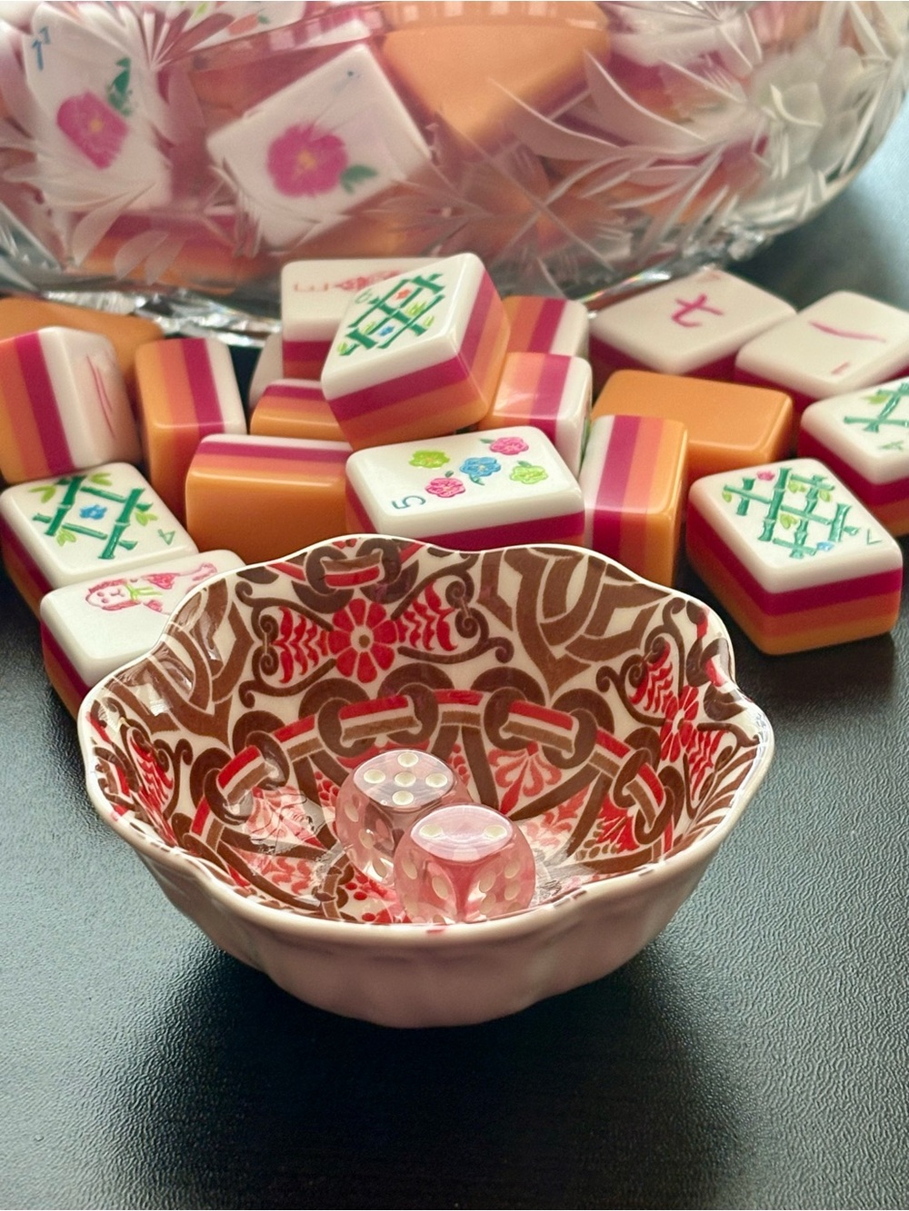 Mahjong Tiles Ceramic Dice Dish Coral and Brown